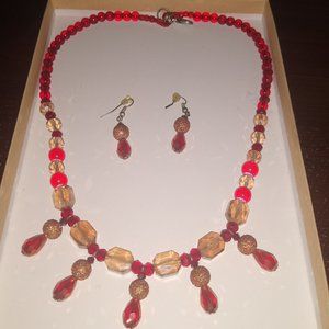 Red and Gold Necklace and Earrings